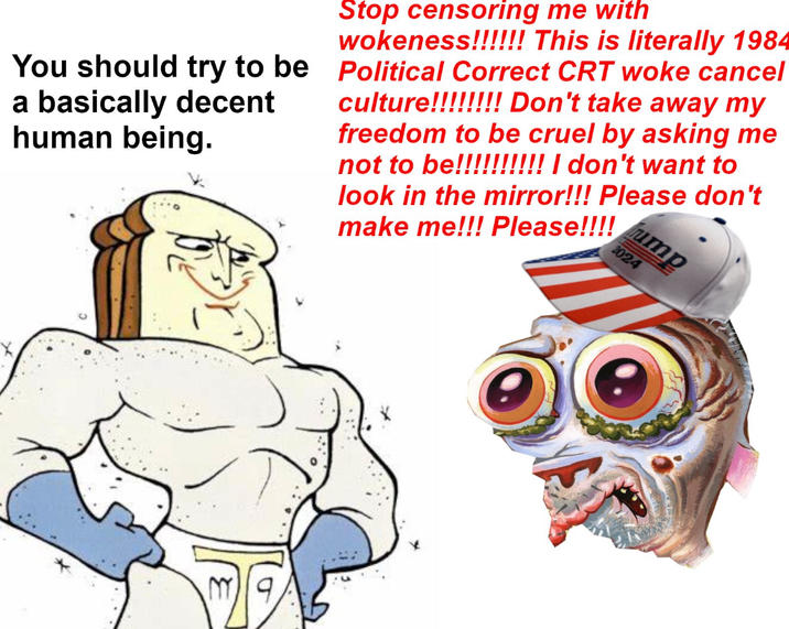You should try to be a basically decent human being. Stop censoring me with wokeness!!!!!! This is literally 1984 Political Correct CRT woke cancel culture!!!!!!!! Don't take away my freedom to be cruel by asking me not to be!!!!!!!!!! I don't want to look in the mirror!!! Please don't make me!!! Please!!!! M9 ump 2024