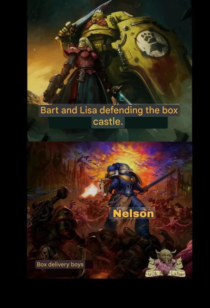 ༨ Bart and Lisa defending the box castle. Nelson Box delivery boys 40k Latam