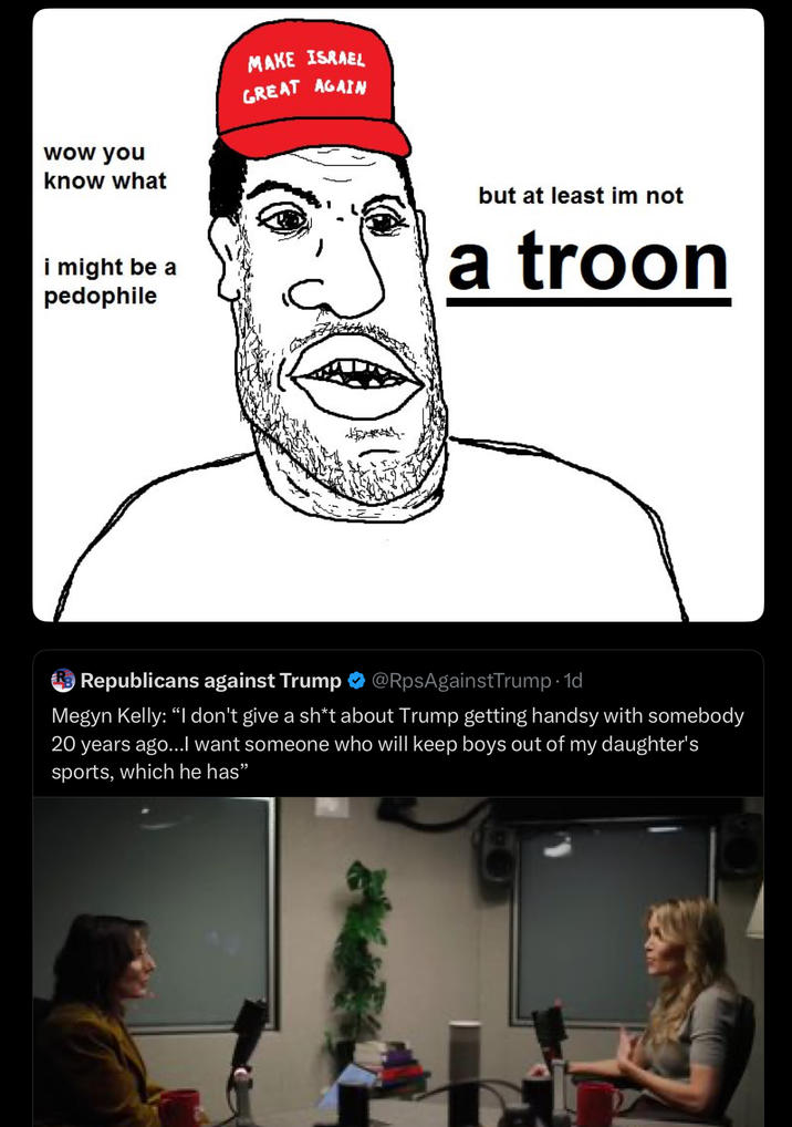 wow you know what MAKE ISRAEL GREAT AGAIN i might be a p-------- but at least im not a troon Ⓡ Republicans against Trump @RpsAgainstTrump. 1d Megyn Kelly: "I don't give a sh*t about Trump getting handsy with somebody 20 years ago...I want someone who will keep boys out of my daughter's sports, which he has”