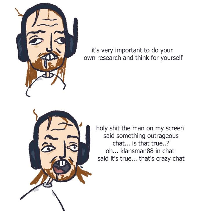 it's very important to do your own research and think for yourself h-------- the man on my screen said something outrageous chat... is that true..? oh... klansman88 in chat said it's true... that's crazy chat