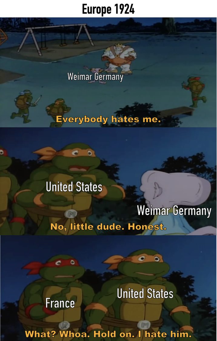 Europe 1924 Weimar Germany Everybody hates me. United States Weimar Germany No, little dude. Honest. United States France What? Whoa. Hold on. I hate him.