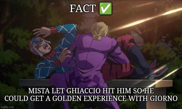 FACT V MISTA LET GHIACCIO HIT HIM SO HE COULD GET A GOLDEN EXPERIENCE WITH GIORNO imgflip.com