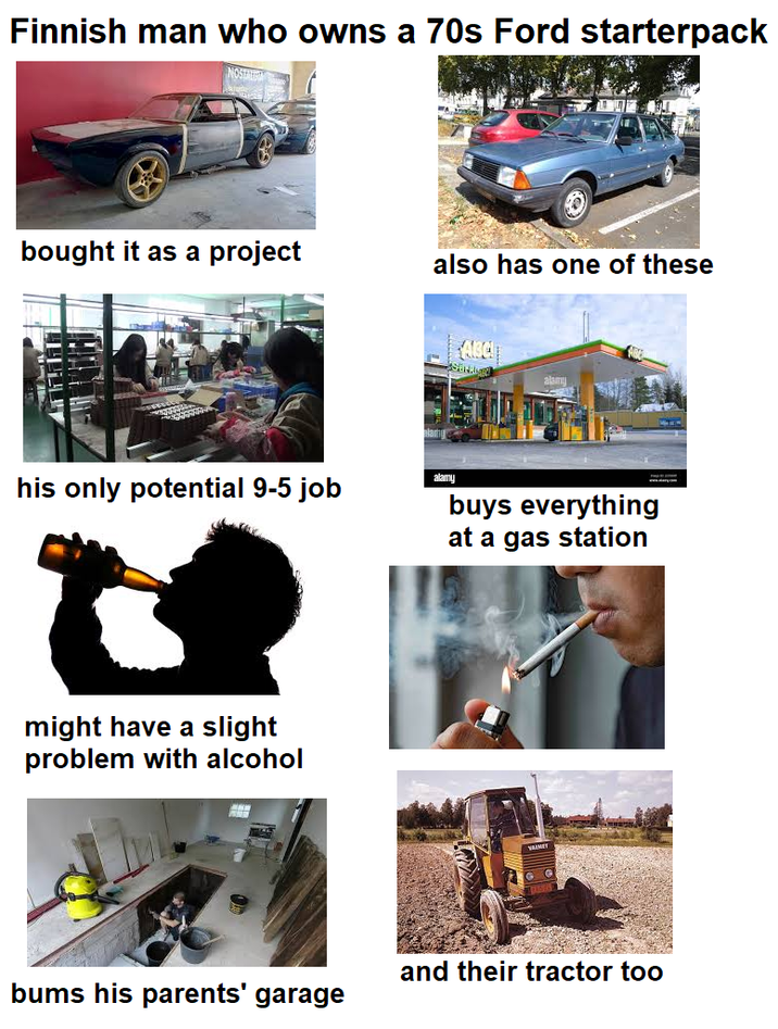 Finnish man who owns a 70s Ford starterpack bought it as a project also has one of these ABC alamu his only potential 9-5 job alamy buys everything at a gas station might have a slight problem with alcohol and their tractor too bums his parents' garage