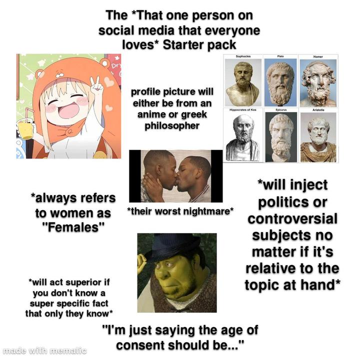 The *That one person on social media that everyone loves* Starter pack *always refers to women as "Females" profile picture will either be from an anime or greek philosopher Sophocles Plato Homer Hippocrates of Kos Epicurus Aristotle *their worst nightmare* *will inject politics or controversial subjects no matter if it's relative to the topic at hand* *will act superior if you don't know a super specific fact that only they know* made with mematic "I'm just saying the age of consent should be..."