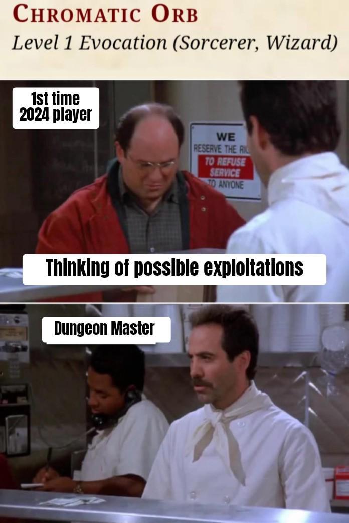CHROMATIC ORB Level 1 Evocation (Sorcerer, Wizard) 1st time 2024 player WE RESERVE THE RI TO REFUSE SERVICE TO ANYONE Thinking of possible exploitations Dungeon Master