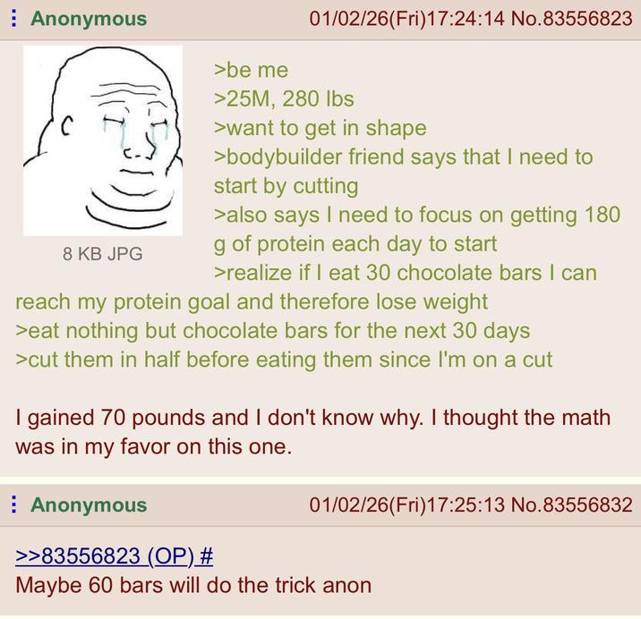 Anonymous 8 KB JPG >be me 01/02/26(Fri)17:24:14 No.83556823 >25M, 280 lbs >want to get in shape >bodybuilder friend says that I need to start by cutting >also says I need to focus on getting 180 g of protein each day to start >realize if I eat 30 chocolate bars I can reach my protein goal and therefore lose weight >eat nothing but chocolate bars for the next 30 days >cut them in half before eating them since I'm on a cut I gained 70 pounds and I don't know why. I thought the math was in my favor on this one. Anonymous >>83556823 (OP) # 01/02/26(Fri)17:25:13 No.83556832 Maybe 60 bars will do the trick anon