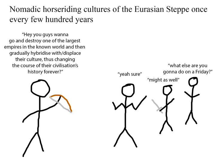 Nomadic horseriding cultures of the Eurasian Steppe once every few hundred years "Hey you guys wanna go and destroy one of the largest empires in the known world and then gradually hybridise with/displace their culture, thus changing the course of their civilisation's history forever?" "yeah sure" "might as well" "what else are you gonna do on a Friday?” + *