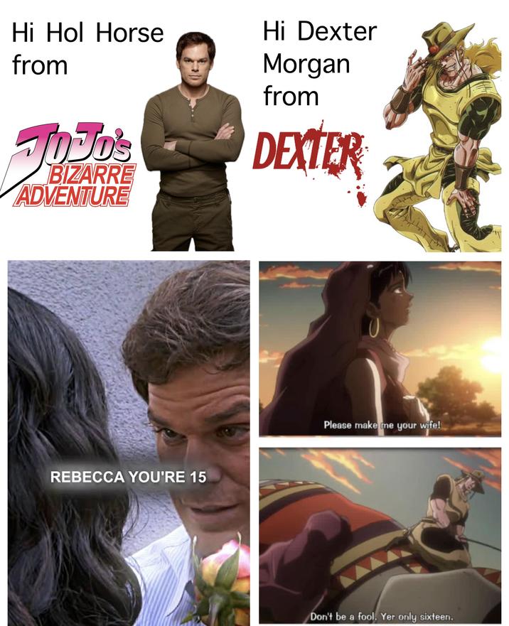 Hi Hol Horse from JOJO's BIZARRE ADVENTURE Hi Dexter Morgan from DEXTER REBECCA YOU'RE 15 Please make me your wife! Don't be a fool. Yer only sixteen.