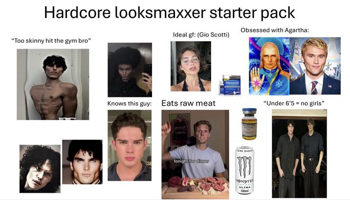 Hardcore looksmaxxer starter pack "Too skinny hit the gym bro" Knows this guy: Ea Obsessed with Agartha: Ideal gf: (Gio Scotti) Eats raw meat ASSELIT VODAK tonight for dinner ANGLAND Minoxidil Topical Solution US, TRENBOLONE ACETATE 10ml ZERO SUGAR MONSTER ENERGY ULTRA 500ml "Under 6'5 = no girls"