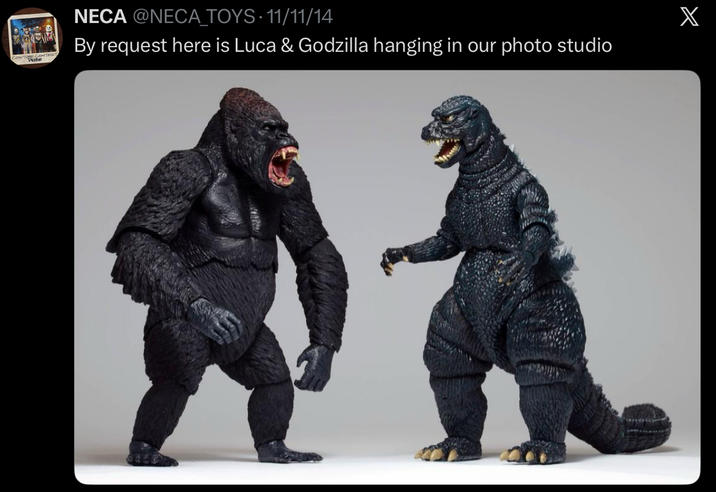 NECA @NECA_TOYS 11/11/14 X Pute By request here is Luca & Godzilla hanging in our photo studio