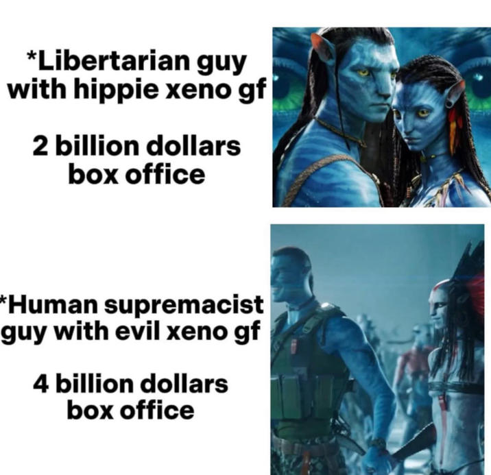 *Libertarian guy with hippie xeno gf 2 billion dollars box office *Human supremacist guy with evil xeno gf 4 billion dollars box office
