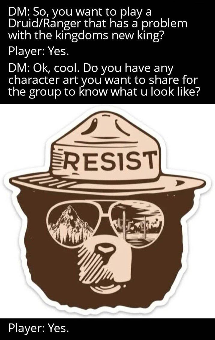 DM: So, you want to play a Druid/Ranger that has a problem with the kingdoms new king? Player: Yes. DM: Ok, cool. Do you have any character art you want to share for the group to know what u look like? Player: Yes. RESIST