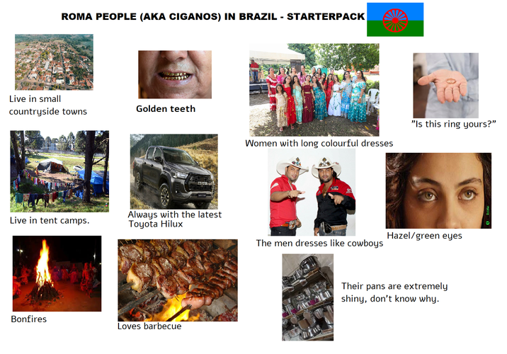 Live in small ROMA PEOPLE (AKA CIGANOS) IN BRAZIL - STARTERPACK countryside towns Golden teeth ΤΟΥΟΤΑ Ε "Is this ring yours?" Women with long colourful dresses Live in tent camps. Always with the latest Toyota Hilux Hazel/green eyes The men dresses like cowboys Bonfires Loves barbecue Their pans are extremely shiny, don't know why.