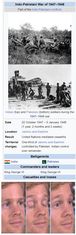 Indo-Pakistani War of 1947-1948 Part of the Indo-Pakistani conflicts Indian (top) and Pakistani (bottom) soldiers during the Date Location Result 1947-1948 war 22 October 1947-5 January 1949 (1 year, 2 months and 2 weeks) Jammu and Kashmir United Nations-mediated ceasefire Territorial One-third of Jammu and Kashmir changes India controlled by Pakistan. Indian control over remainder. Belligerents Pakistan Commanders and leaders King George VI King George VI Casualties and losses