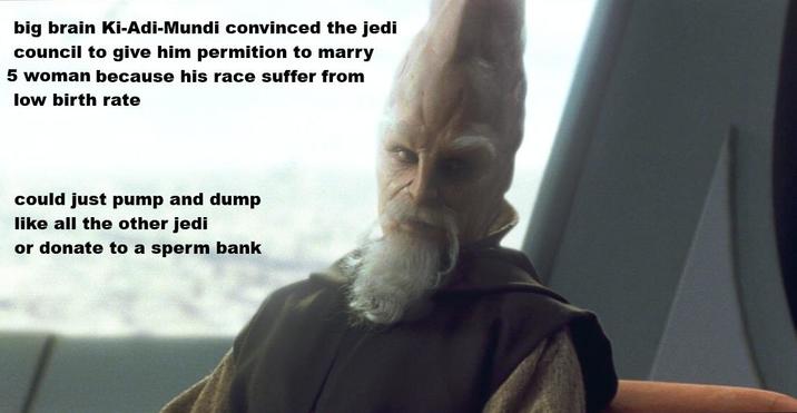 big brain Ki-Adi-Mundi convinced the jedi council to give him permition to marry 5 woman because his race suffer from low birth rate could just pump and dump like all the other jedi or donate to a sperm bank