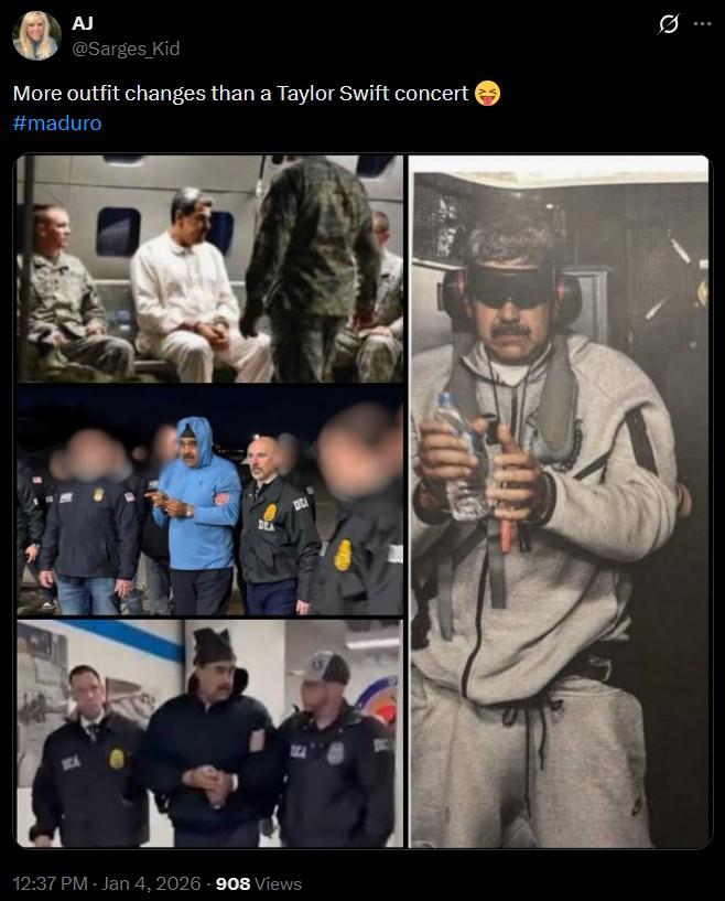 AJ @Sarges_Kid More outfit changes than a Taylor Swift concert #maduro 12:37 PM - Jan 4, 2026 908 Views