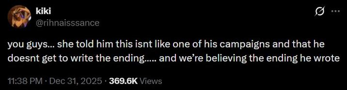 A tweet about conformity gate. It reads, "you guys… she told him this isnt like one of his campaigns and that he doesnt get to write the ending….. and we’re believing the ending he wrote."