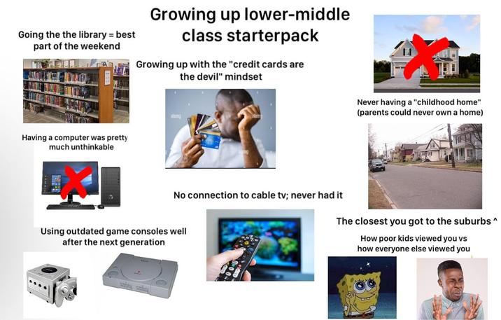 Going the the library = best part of the weekend Growing up lower-middle class starterpack Growing up with the "credit cards are the devil" mindset Having a computer was pretty much unthinkable alamy Never having a "childhood home" (parents could never own a home) No connection to cable tv; never had it The closest you got to the suburbs ^ How poor kids viewed you vs how everyone else viewed you Using outdated game consoles well after the next generation