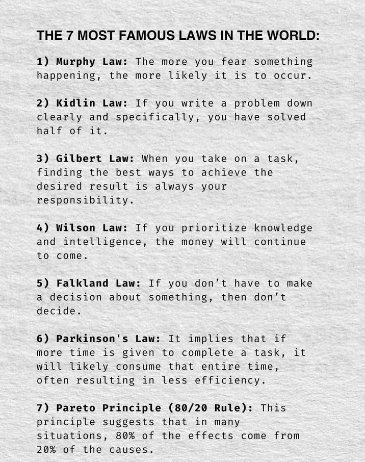 THE 7 MOST FAMOUS LAWS IN THE WORLD: 1) Murphy Law: The more you fear something happening, the more likely it is to occur. 2) Kidlin Law: If you write a problem down clearly and specifically, you have solved half of it. 3) Gilbert Law: When you take on a task, finding the best ways to achieve the desired result is always your responsibility. 4) Wilson Law: If you prioritize knowledge and intelligence, the money will continue to come. 5) Falkland Law: If you don't have to make a decision about something, then don't decide. 6) Parkinson's Law: It implies that if more time is given to complete a task, it will likely consume that entire time, often resulting in less efficiency. 7) Pareto Principle (80/20 Rule): This principle suggests that in many situations, 80% of the effects come from 20% of the causes.