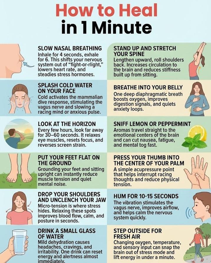 How to Heal in 1 Minute SLOW NASAL BREATHING Inhale for 4 seconds, exhale for 6. This shifts your nervous system out of "fight-or-rlight," lowers heart rate, and steadies stress hormones. SPLASH COLD WATER ON YOUR FACE Cold activates the mammalian dive response, stimulating the vagus nerve and slowing a racing mind or anxious pulse. LOOK AT THE HORIZON Every few hours, look far away for 30-60 seconds. It relaxes eye muscles, resets focus, and reverses screen strain. PUT YOUR FEET FLAT ON THE GROUND Grounding your feet and sitting upright can instantly reduce muscle tension and quiet mental noise. DROP YOUR SHOULDERS AND UNCLENCH YOUR JAW Micro-tension is where stress hides. Relaxing these spots improves blood flow, calm, and posture in seconds. DRINK A SMALL GLASS OF WATER Mild dehydration causes headaches, cravings, and irritability. One drink can reset energy and alertness almost immediately. STAND UP AND STRETCH YOUR SPINE Lengthen upward, roll shoulders back. Increases circulation to the brain and reduces stiffness built up from sitting. BREATHE INTO YOUR BELLY One deep diaphragmatic breath boosts oxygen, improves digestion signals, and quiets anxiety loops. SNIFF LEMON OR PEPPERMINT Aromas travel straight to the emotional centers of the brain and can cut nausea, fatigue, and mental tog fast. PRESS YOUR THUMB INTO THE CENTER OF YOUR PALM A simple acupressure point that helps interrupt racing thoughts and reduce physical tension. HUM FOR 10-15 SECONDS The vibration stimulates the vagus nerve, improves airflow, and helps calm the nervous system quickly. STEP OUTSIDE FOR FRESH AIR Changing oxygen, temperature, and sensory input can snap the brain out of stress mode and lift energy in under a minute.