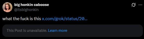 A reply to Grok from X / Twitter user itsbighonkin in reference to the controversy in which the AI bot was being used to remove clothing from people on the app.