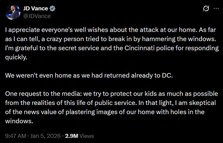 JD Vance's tweet responding to the home vandalised.