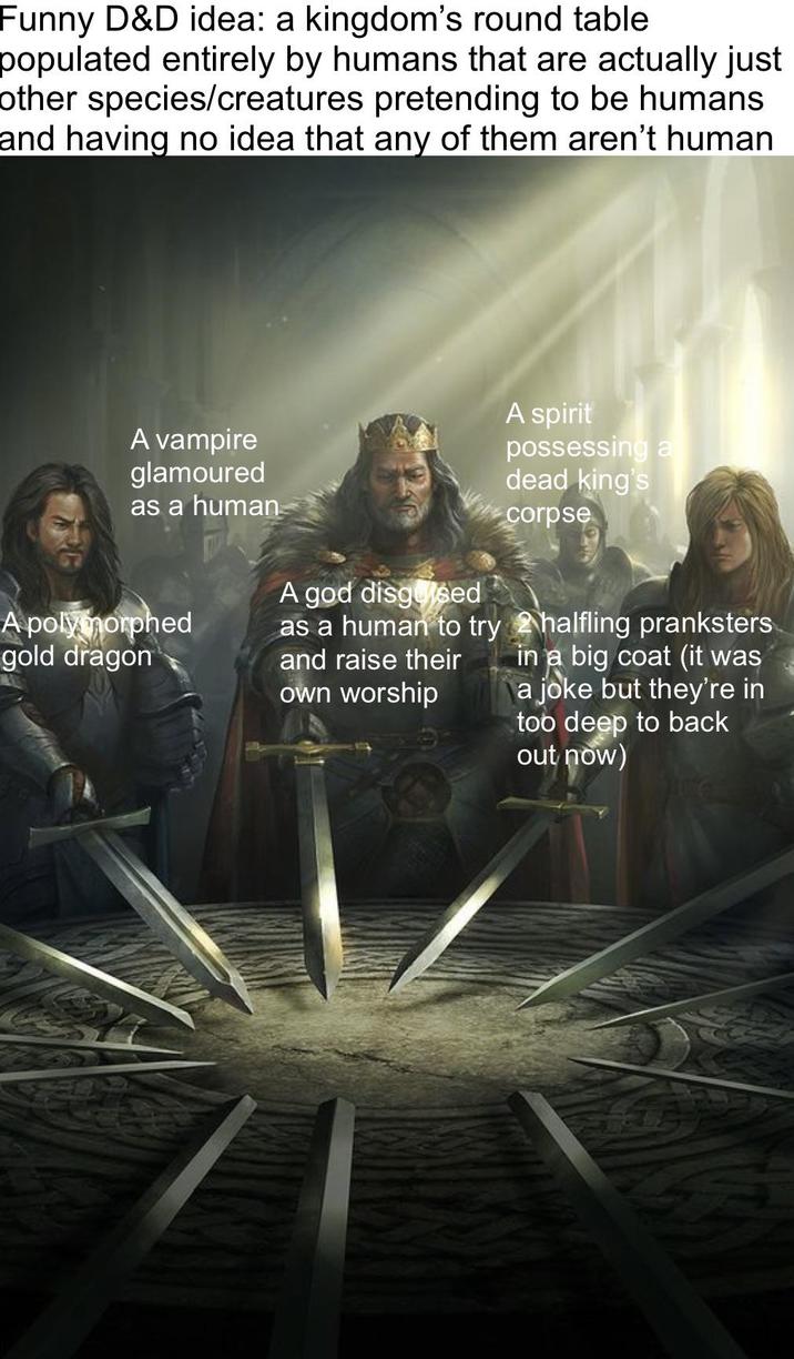 Funny D&D idea: a kingdom's round table populated entirely by humans that are actually just other species/creatures pretending to be humans and having no idea that any of them aren't human A vampire glamoured as a human A spirit possessing a dead king's corpse A polymorphed gold dragon A god disguised as a human to try and raise their own worship 2 halfling pranksters in a big coat (it was a joke but they're in too deep to back out now)