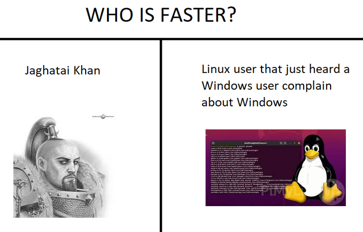 WHO IS FASTER? Jaghatai Khan Linux user that just heard a Windows user complain about Windows