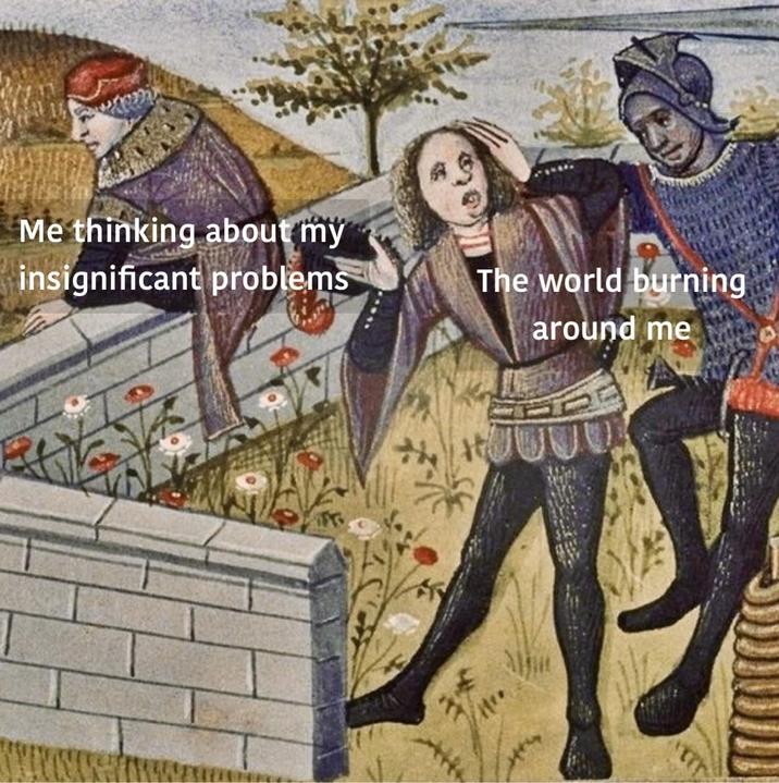 Me thinking about my insignificant problems The world burning around me