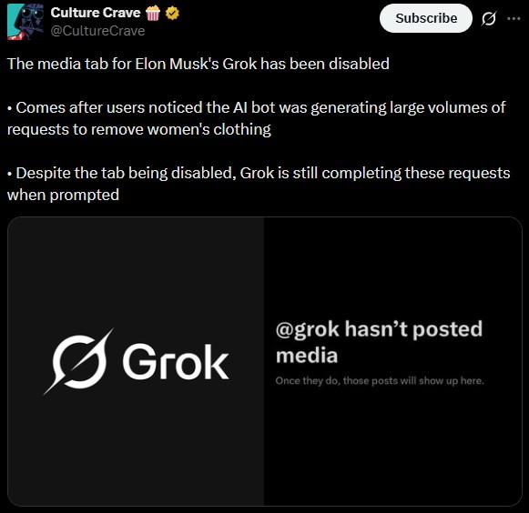 Culture Crave @CultureCrave The media tab for Elon Musk's Grok has been disabled Subscribe 0 ⚫ Comes after users noticed the Al bot was generating large volumes of requests to remove women's clothing • Despite the tab being disabled, Grok is still completing these requests when prompted Grok @grok hasn't posted media Once they do, those posts will show up here.
