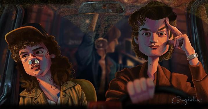 A drawing of Steve Harrington driving the van by artist Ayisha Zeba. The art is based on Stranger Things season 5.