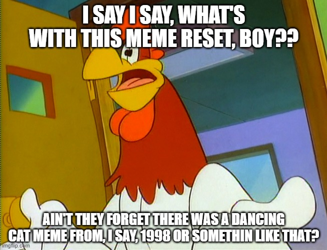 I SAY I SAY, WHAT'S WITH THIS MEME RESET, BOY?? AIN'T THEY FORGET THERE WAS A DANCING CAT MEME FROM, SAY, 1998 OR SOMETHIN LIKE THAT? Imgflip.com