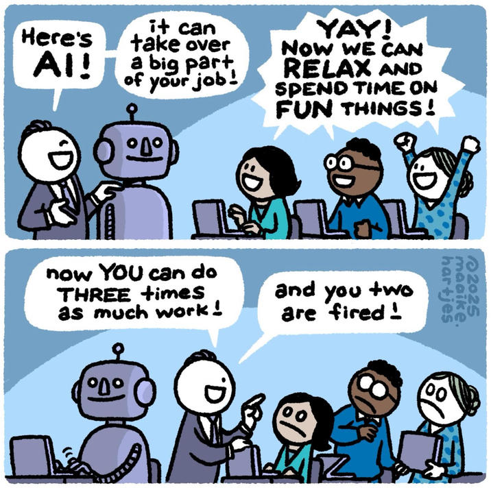 Here's AI! it can take over a big part of your job! YAY! NOW WE CAN RELAX AND SPEND TIME ON FUN THINGS! D •n• L now YOU can do THREE times as much work! 000 D and you two are fired! D hartjes maaike. 2025 00 12/2