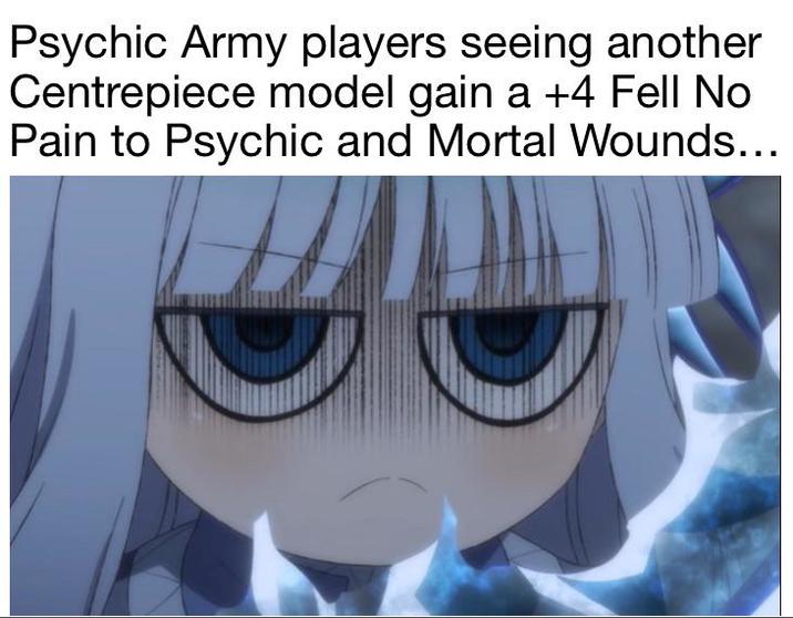 Psychic Army players seeing another Centrepiece model gain a +4 Fell No Pain to Psychic and Mortal Wounds...