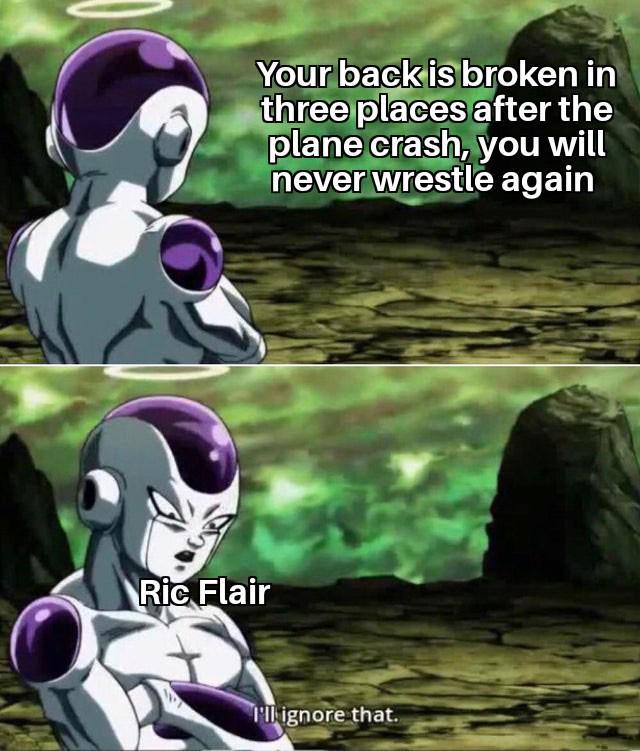 Ric Flair Your back is broken in three places after the plane crash, you will never wrestle again I'll ignore that.