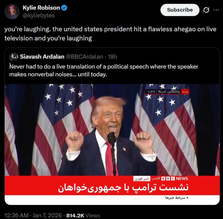 A tweet reading, "you’re laughing. the united states president hit a flawless ahegao on live television and you’re laughing."