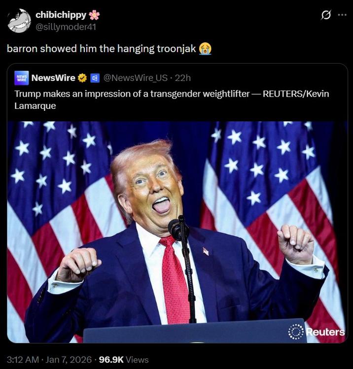 A tweet sharing an image of Trump doing ahegao face. The tweet reads, "barron showed him the hanging troonjak 😭"