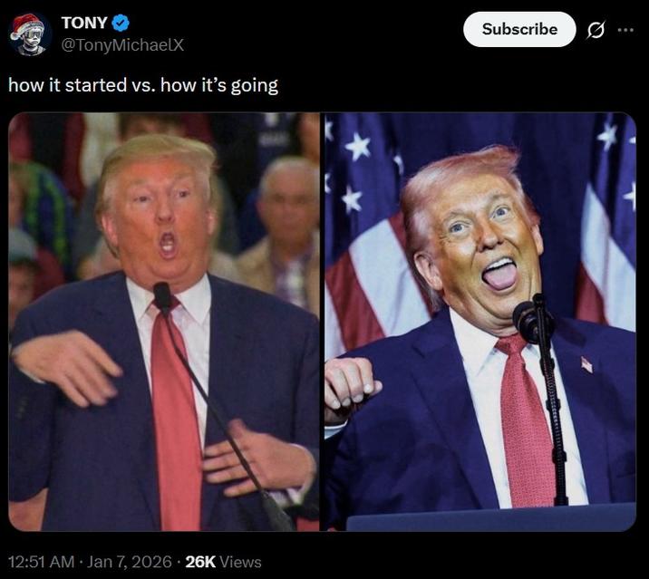 A "how it started vs. how it's going":https://knowyourmeme.com/memes/how-it-started-vs-how-its-going meme. The meme uses two images of Trump.