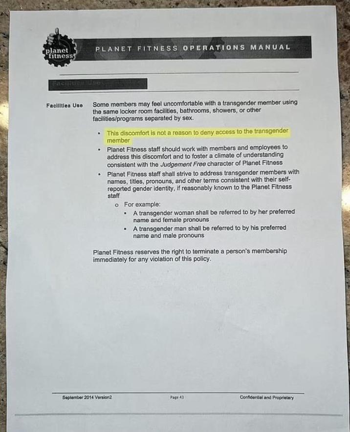 An image of the Planet Fitness operations manual with a highlighted section about transgender gym members and bathroom policies, which was shared by X / Twitter user irenebritusa amid the controversy in early January 2026.