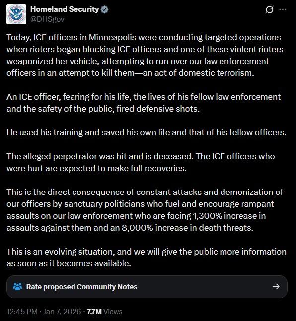The official response by the DHS Twitter account to a fatal shooting in Minneapolis. They claim it was self defense.