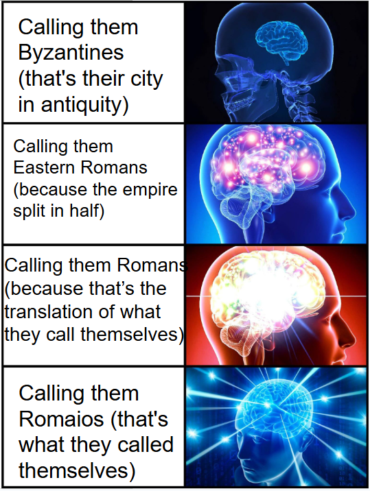 Calling them Byzantines (that's their city in antiquity) Calling them Eastern Romans (because the empire split in half) Calling them Romans (because that's the translation of what they call themselves) Calling them Romaios (that's what they called themselves)