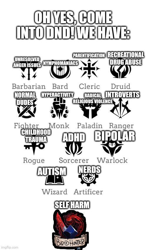 OH YES, COME INTO DND! WE HAVE: UNRESOLVED PARENTIFICATION RECREATIONAL DRUG ABUSE ANGER ISSUES NYMPHOMANIACS Barbarian Bard Cleric Druid NORMAL HYPERACTIVITY RADICAL INTROVERTS DUDES RELIGIOUS VIOLENCE Fighter Monk Paladin Ranger CHILDHOOD imgflip.com TRAUMA Rogue ADHD BIPOLAR Sorcerer Warlock AUTISM NERDS T Wizard Artificer SELF HARM BLOOD HUNTER