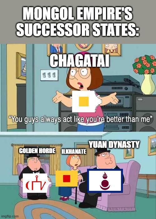 MONGOL EMPIRE'S SUCCESSOR STATES: 3 ปี ปี CHAGATAI "You guys always act like you're better than me" imgflip.com www GOLDEN HORDE ILKHANATE (TV YUAN DYNASTY