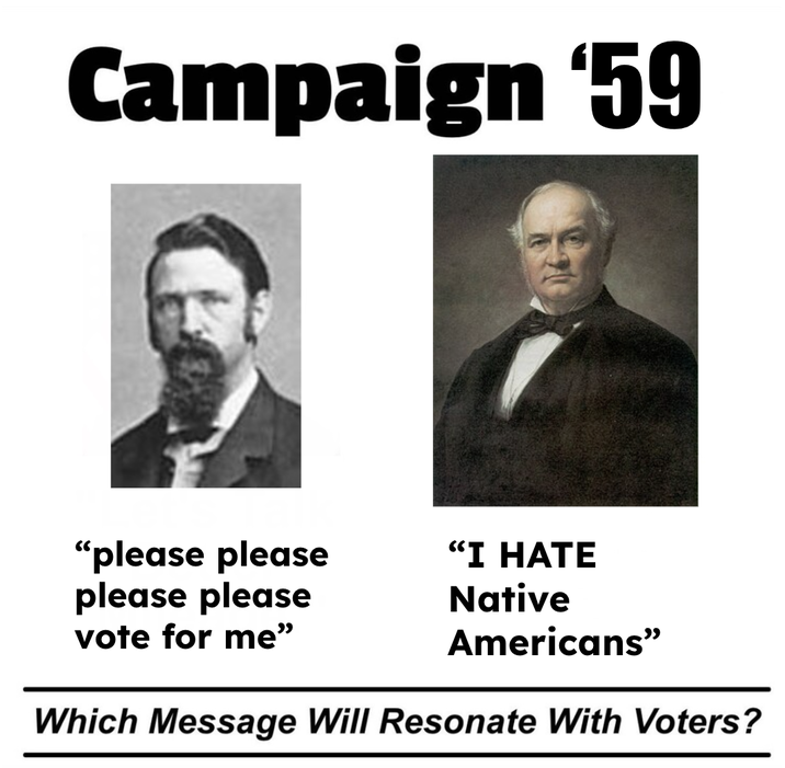 Campaign '59 "please please please please "I HATE Native Americans” vote for me" Which Message Will Resonate With Voters?