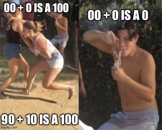 00 +0 IS A 100 00 +0 IS A O 90+10 IS A 100 imgflip.com