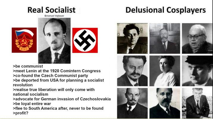 RSC Real Socialist Emanuel Vajtauer >be communist >meet Lenin at the 1920 Comintern Congress >co-found the Czech Communist party >be deported from USA for planning a socialist revolution >realise true liberation will only come with national socialism >advocate for German invasion of Czechoslovakia >be loyal entire war >flee to South America after, never to be found >profit? Delusional Cosplayers 101