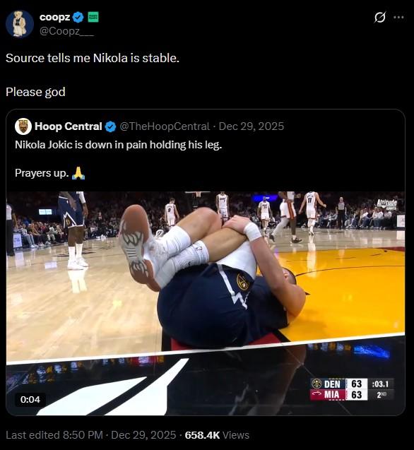 coopz @Coopz___ Source tells me Nikola is stable. Please god Hoop Central @TheHoopCentral - Dec 29, 2025 Nikola Jokic is down in pain holding his leg. Prayers up. A 0:04 Last edited 8:50 PM Dec 29, 2025-658.4K Views Altitude DEN 63 :03.1 MIA 63 2ND