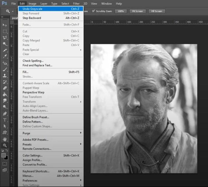 Ps File Edit Image Layer Type Select Filter 3D View Window Help Undo Grayscale Step Forward Ctrl+Z Shift+Ctrl+Z Scrubby Zoom 100% Fit Screen Fill Screen joral Step Backward Alt+Ctrl+Z 50 100 150 200 250 300 350 450 Fade... Shift+Ctrl+F Cut Ctrl+X Copy Ctrl+C Copy Merged Shift+Ctrl+C Paste Ctrl+V Paste Special Clear Check Spelling.. Find and Replace Text... Fill... Shift+F5 Stroke... Content-Aware Scale Alt+Shift+Ctrl+C Puppet Warp Perspective Warp T 250 400 50 Free Transform Transform Auto-Align Layers... Auto-Blend Layers... Define Brush Preset... Define Pattern... Define Custom Shape... Purge Adobe PDF Presets... Presets Remote Connections... Color Settings... Assign Profile... Ctrl+T Shift+Ctrl+K Convert to Profile... Keyboard Shortcuts... Alt+Shift+Ctrl+K Menus... Alt+Shift+Ctrl+M Preferences Sync Settings