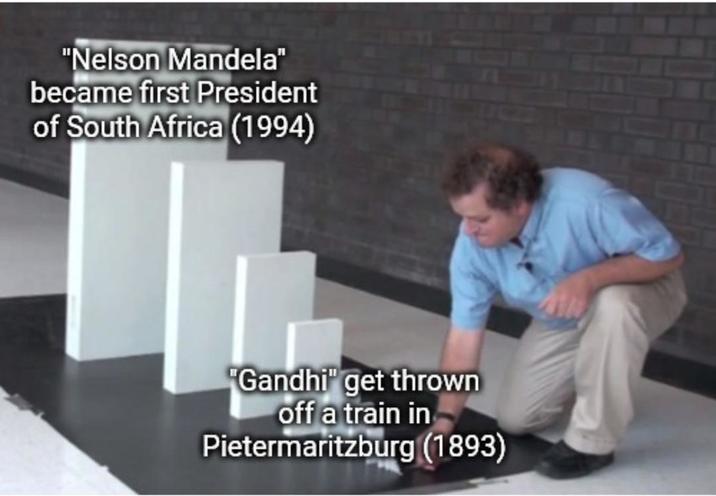 "Nelson Mandela" became first President of South Africa (1994) "Gandhi" get thrown off a train in Pietermaritzburg (1893)