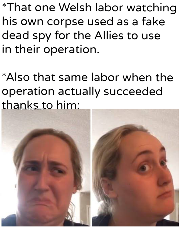 *That one Welsh labor watching his own corpse used as a fake dead spy for the Allies to use in their operation. *Also that same labor when the operation actually succeeded thanks to him: u/Khantlerpartesar